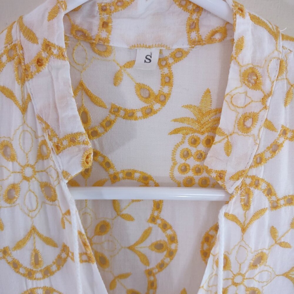 Yellow Babydoll Eyelet Floral Embroidered Dress Festival Boho Hippie Small - Picture 10 of 11
